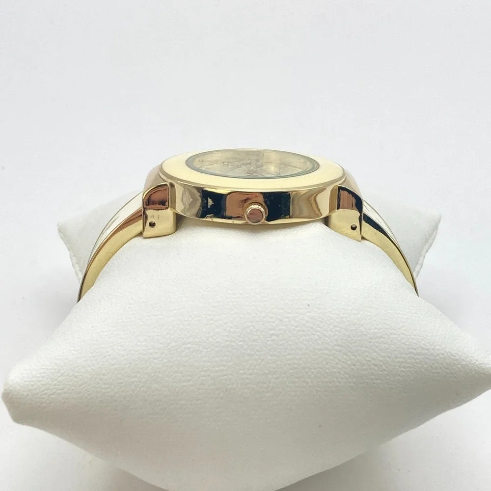 Chico's Womens Watch 35mm Gold Tone Cuff Cream Inlay Geometric New Battery 6.25